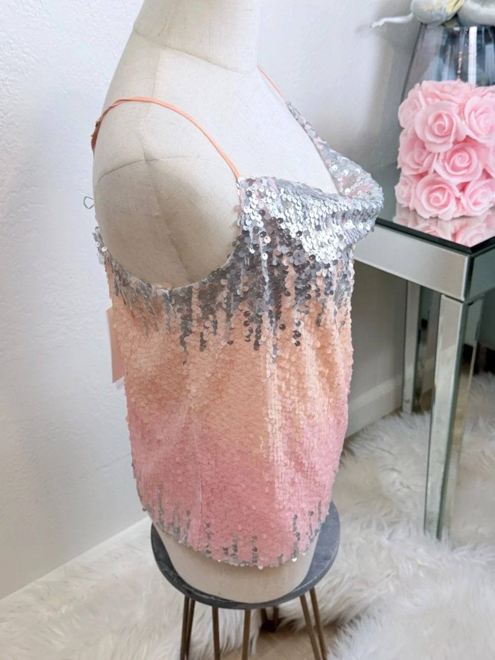 Endless Rose Silver to Peach Ombre Sequin Cowl Camisole - Picture 6 of 10